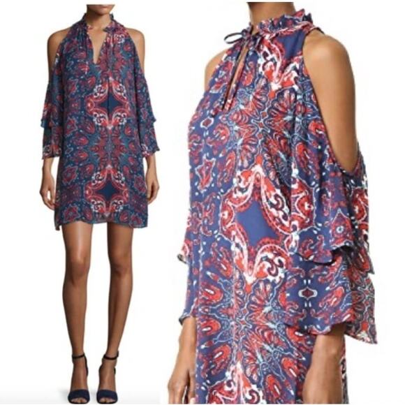 Parker Anastasia Blue & Red Silk Printed Cold-Shoulder Dress - Picture 1 of 5